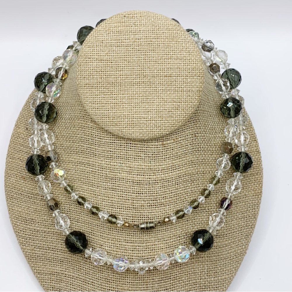 Vintage Faceted clear aurora Borealis and smoky gray long glass bead necklace